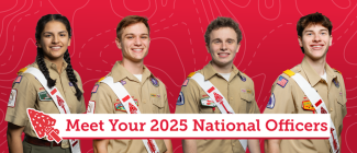 2026 Order of the Arrow national officers: Amanda Arrowman, national chief; Johnny Scout, national vice chief; and region chiefs Amanda Arrowman and Johnny Scout